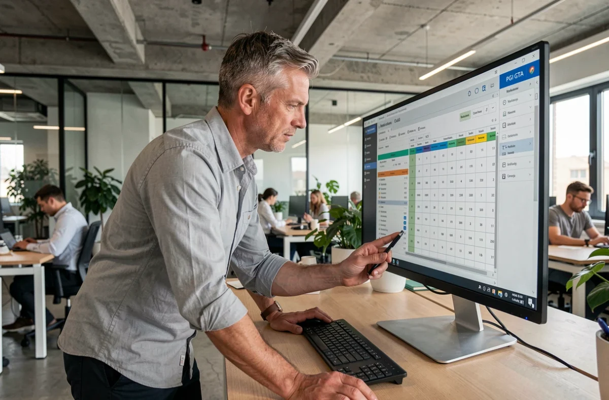 Manager utilisant un PGI GTA sur son poste de travail dans un bureau en open space moderne