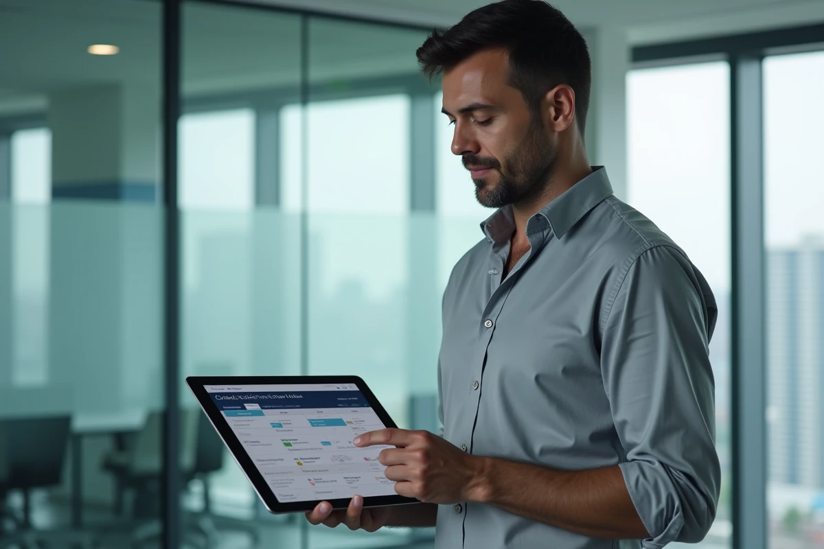 Manager debout dans une salle de réunion vitrée consultant une interface de gestion des contrats et services sur une tablette numérique