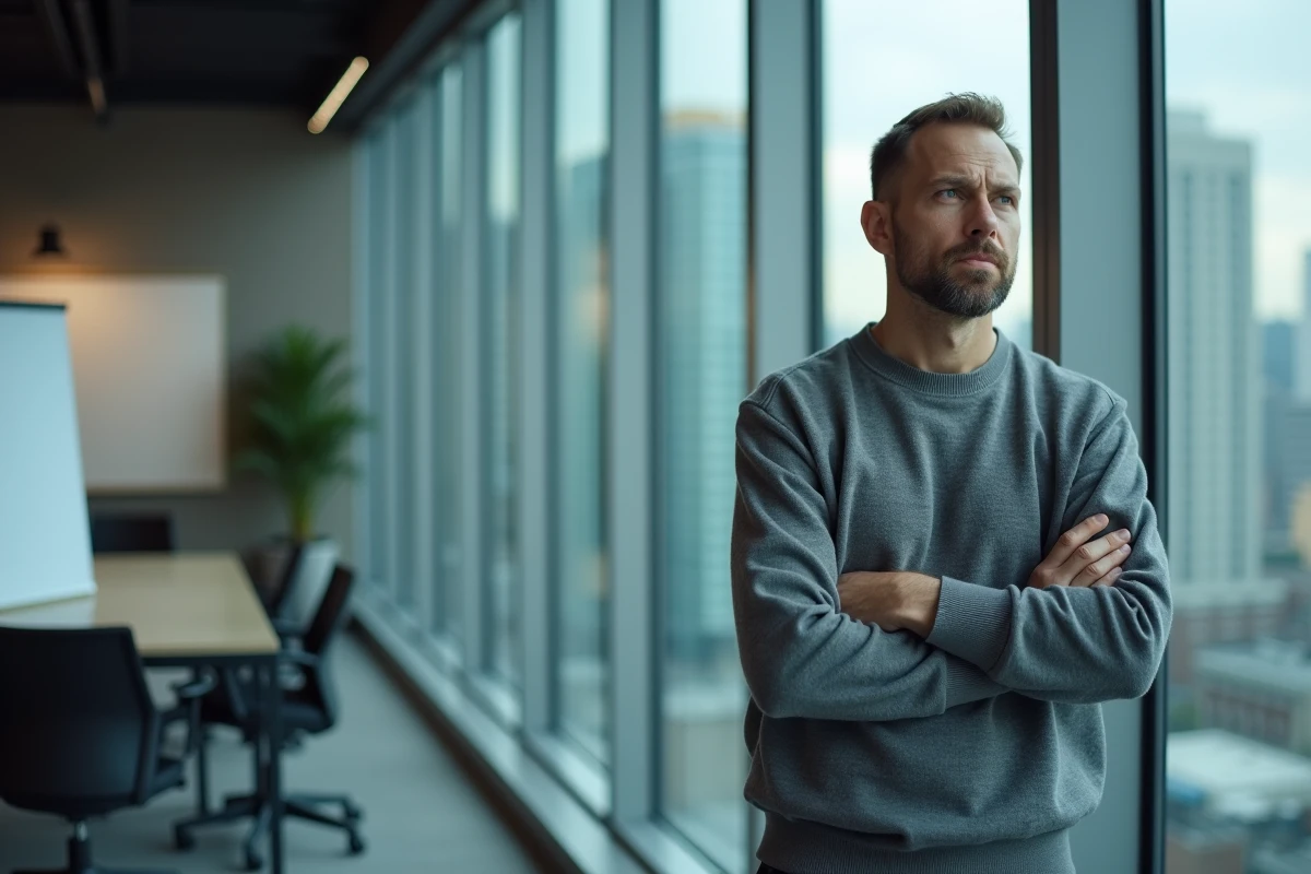 Homme d'âge mûr les bras croisés regardant par la fenêtre d'un bureau, expression pensive et désengagée, symbolisant le manque de motivation professionnelle