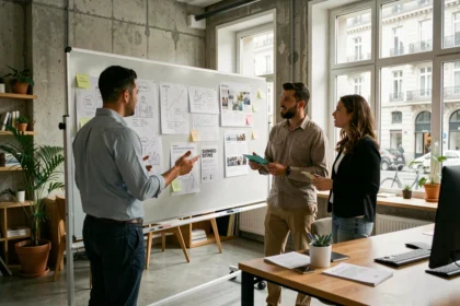 Équipe d'une agence de communication en Haute-Garonne travaillant ensemble autour d'un tableau de stratégie créative dans un bureau moderne à Toulouse