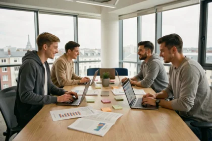 Vue d'ensemble d'une agence de marketing digital moderne dans le Val-de-Marne avec une équipe de professionnels au travail