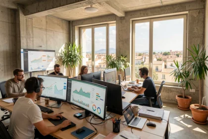Vue panoramique d'une agence SEO moderne à Montpellier avec des professionnels travaillant sur des tableaux de bord analytiques