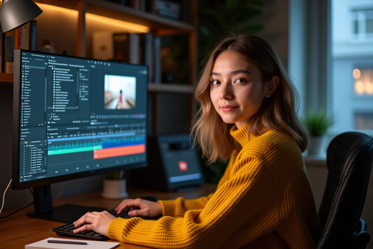Jeune femme montant une vidéo marketing sur ordinateur dans un bureau à domicile