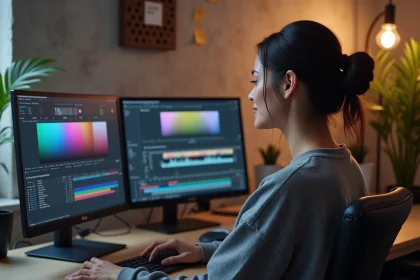 Graphiste motion designer travaillant sur Elements Envato avec des templates d'animation sur deux écrans dans un studio home office moderne