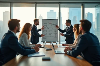 Équipe professionnelle en réunion stratégique autour d'une table de conférence avec des diagrammes d'objectifs organisationnels au tableau blanc