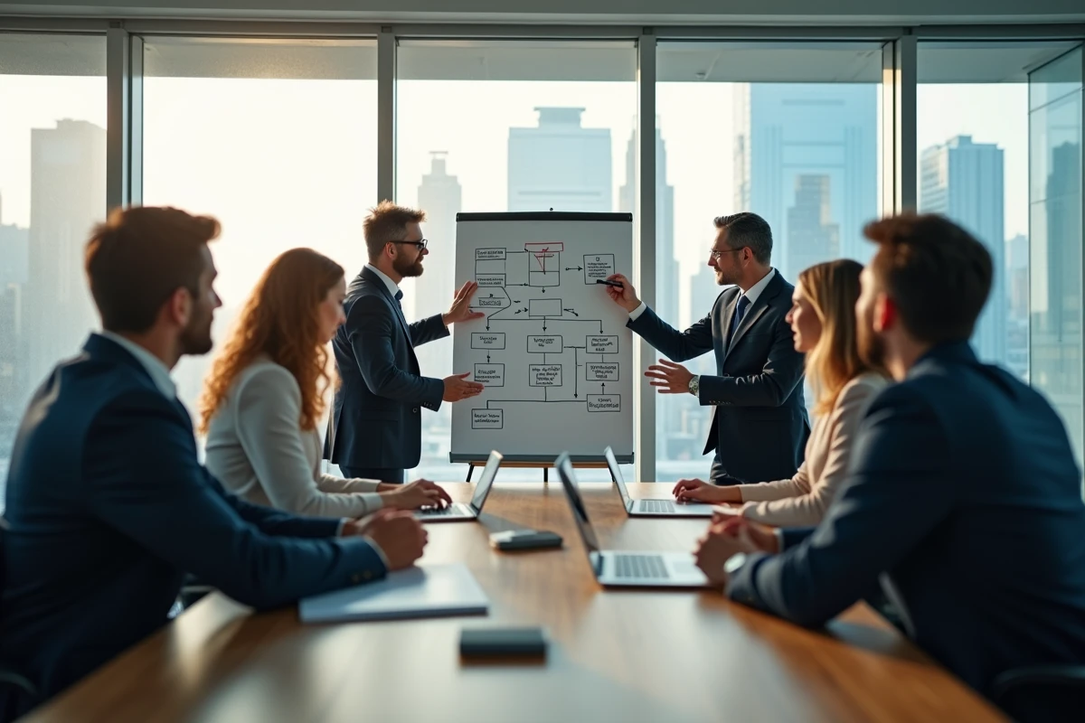 Équipe professionnelle en réunion stratégique autour d'une table de conférence avec des diagrammes d'objectifs organisationnels au tableau blanc
