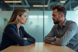 Deux collègues en désaccord lors d'une réunion de bureau, illustrant les obstacles à la communication interpersonnelle