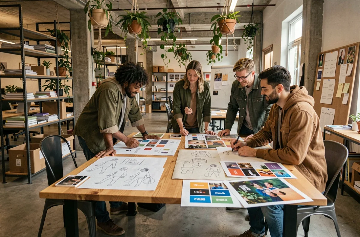 Équipe créative d'Okaparka, agence de communication dans la Sarthe, travaillant sur des projets de branding et communication