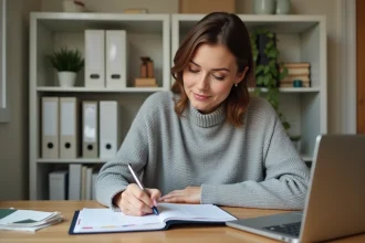 Femme organisée travaillant dans un bureau à domicile bien rangé avec un agenda et un ordinateur portable