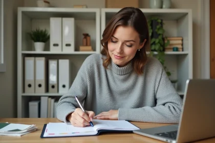 Femme organisée travaillant dans un bureau à domicile bien rangé avec un agenda et un ordinateur portable
