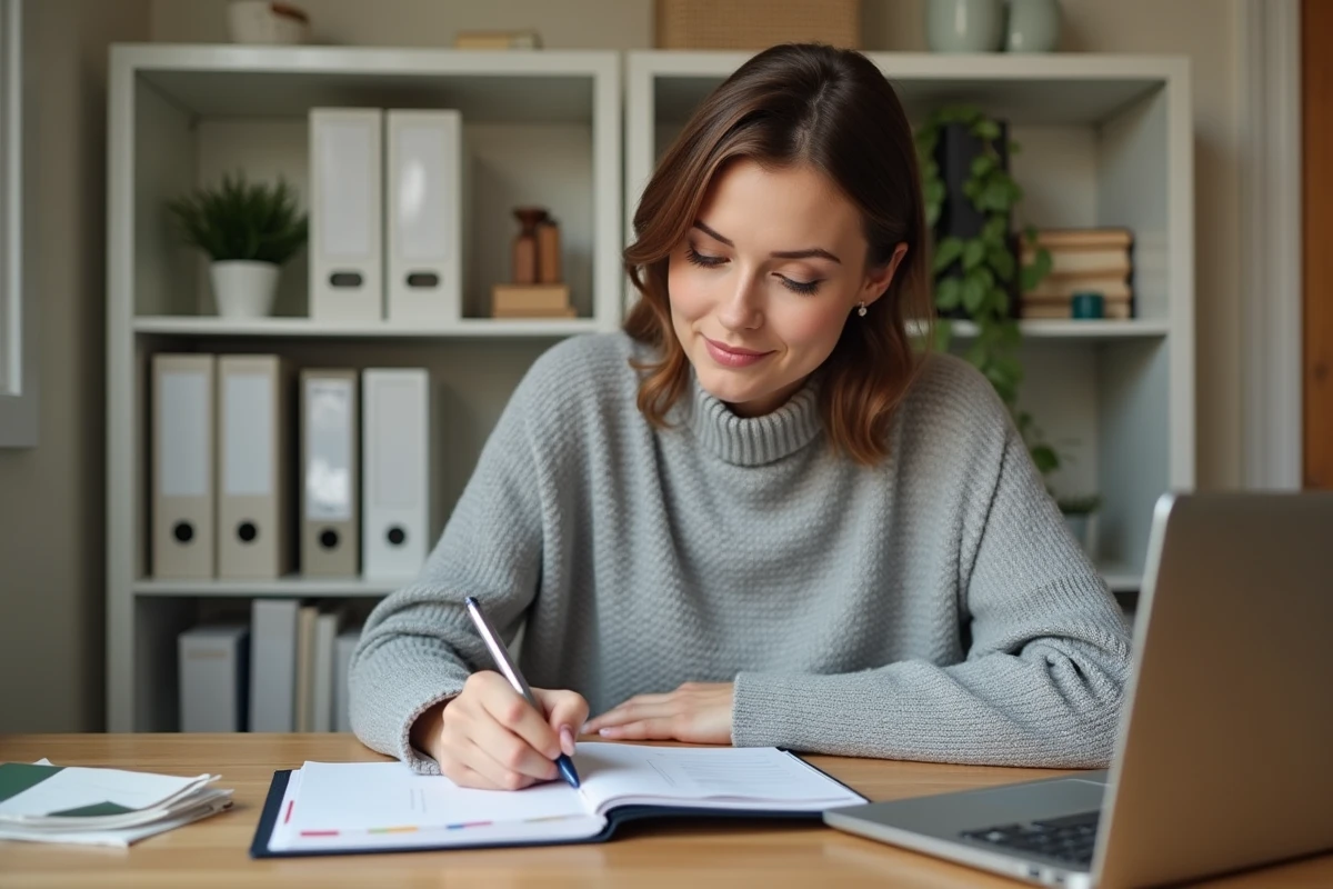 Femme organisée travaillant dans un bureau à domicile bien rangé avec un agenda et un ordinateur portable