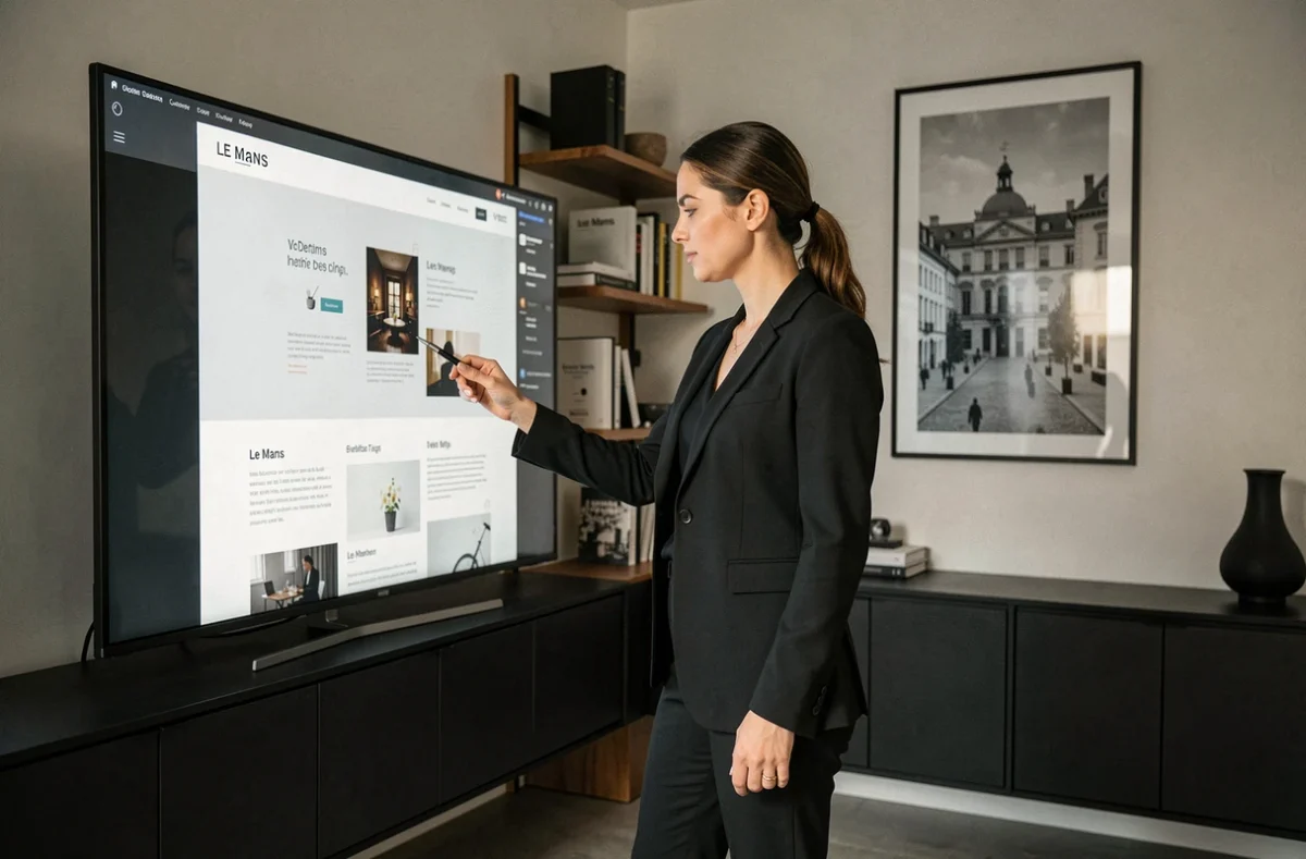 Directrice créative d'Oscar Black au Mans présentant des designs de sites web élégants sur grand écran