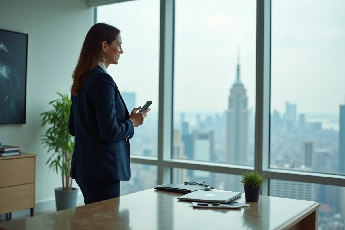 PDG contemplant la ville depuis son bureau en hauteur, symbole de l'aveuglement des grandes entreprises face aux technologies disruptives