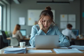 Femme épuisée et démotivée assise à son bureau de bureau regardant fixement son écran d'ordinateur portable, illustrant la perte d'envie au travail