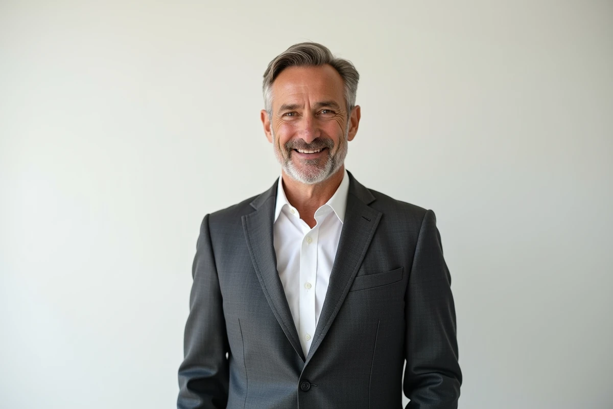 Homme d'affaires en costume gris posant pour une photo professionnelle de CV en studio