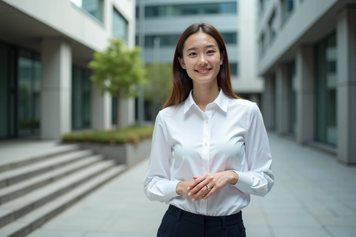 Jeune femme en tenue professionnelle posant pour un portrait CV devant un bâtiment urbain moderne