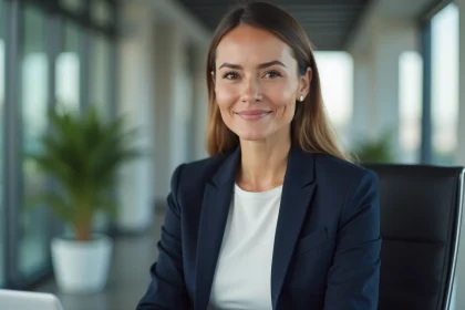 Femme professionnelle en blazer marine posant pour une photo de CV dans un bureau moderne