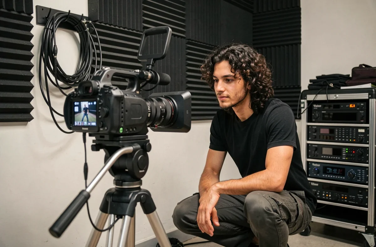 Coordinateur vidéo de Piou Piou Prod vérifiant des images sur moniteur aux côtés d'une caméra cinéma dans un studio de production audiovisuelle à Toulouse
