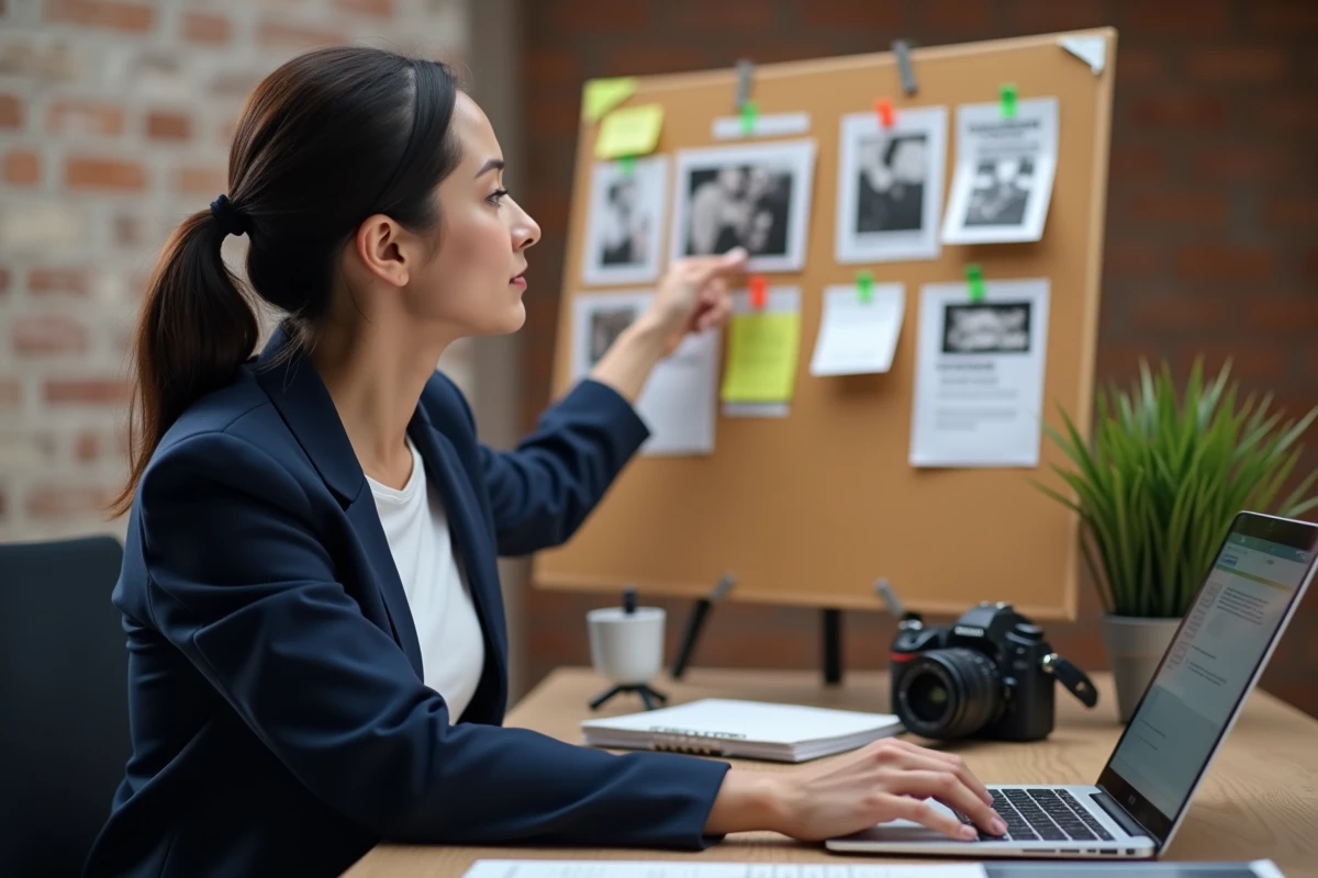 Femme créative planifiant une vidéo marketing avec un storyboard dans un studio moderne