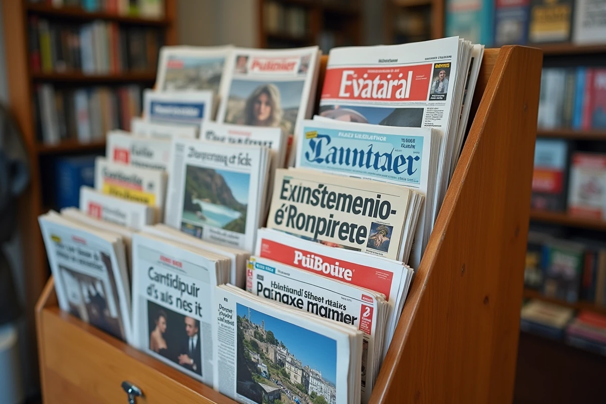Présentoir de kiosque avec de nombreux quotidiens français en vente, illustrant la diversité et la popularité de la presse quotidienne nationale