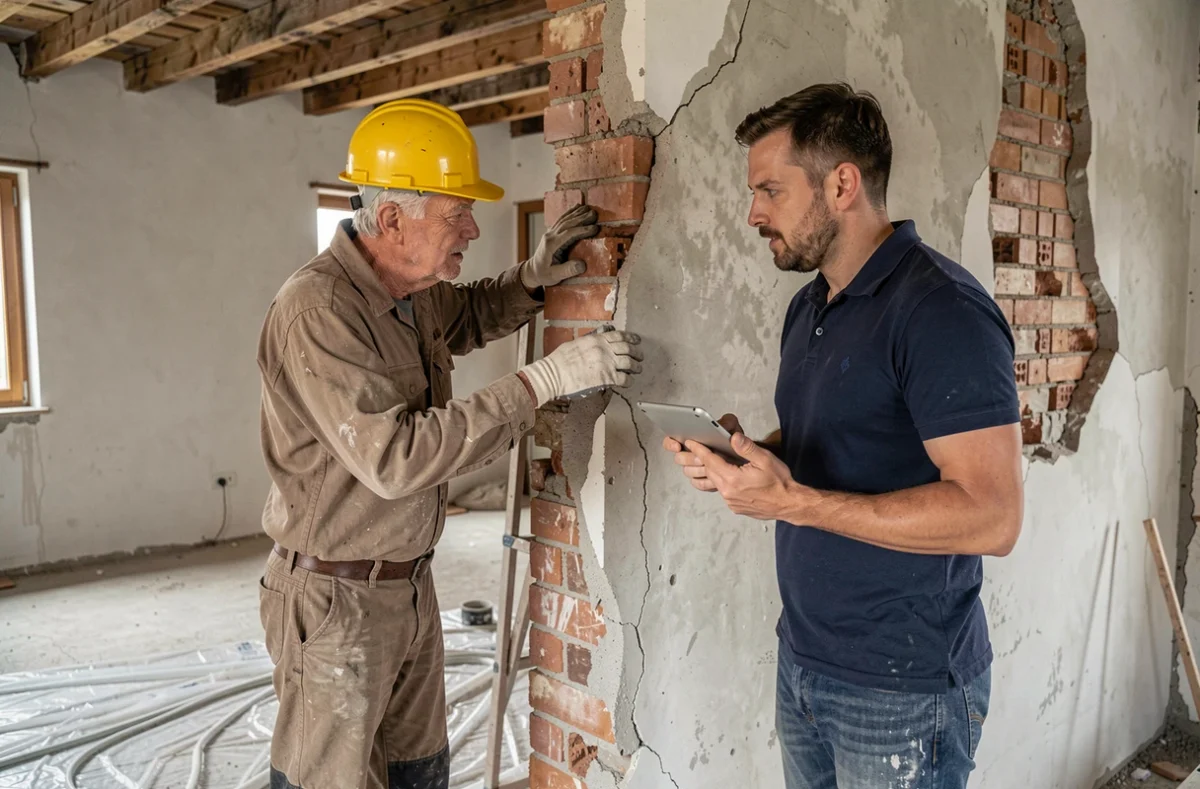 Deux ouvriers inspectant un mur fissuré sur un chantier de rénovation, illustrant un problème de travaux nécessitant de contacter Turbotravaux