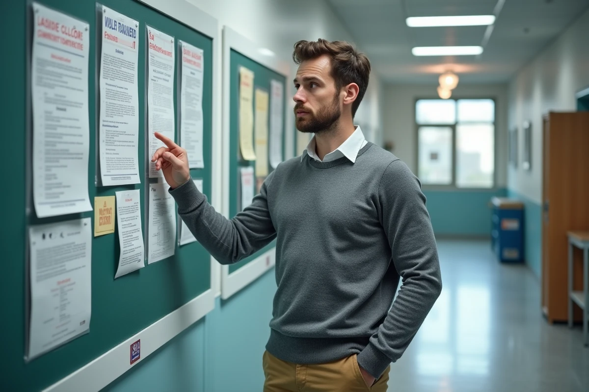 Professeur consultant des circulaires officielles sur l'ISOE affichées dans un couloir scolaire