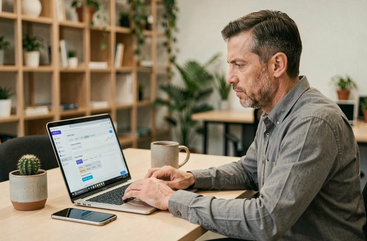 Professionnel CRM concentré sur la segmentation email et les métriques clients sur laptop dans un espace de coworking