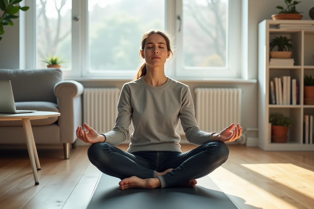 Professionnelle d'un Big 4 pratiquant le yoga à domicile le week-end pour décompresser, avec un ordinateur professionnel visible en arrière-plan illustrant la difficulté à décrocher du travail