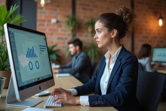 Professionnelle en marketing analysant des données d'attraction inbound sur un écran dans un bureau moderne