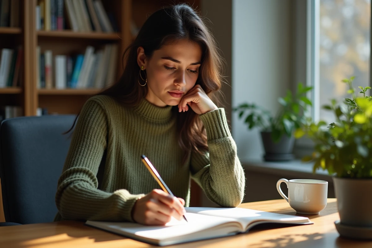 Jeune professionnelle en réflexion dans un bureau à domicile, symbolisant le questionnement sur le bon moment pour recourir au coaching