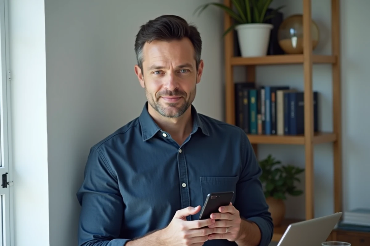 Entrepreneur consultant utilisant son smartphone pour identifier des prospects gratuitement via les réseaux sociaux professionnels