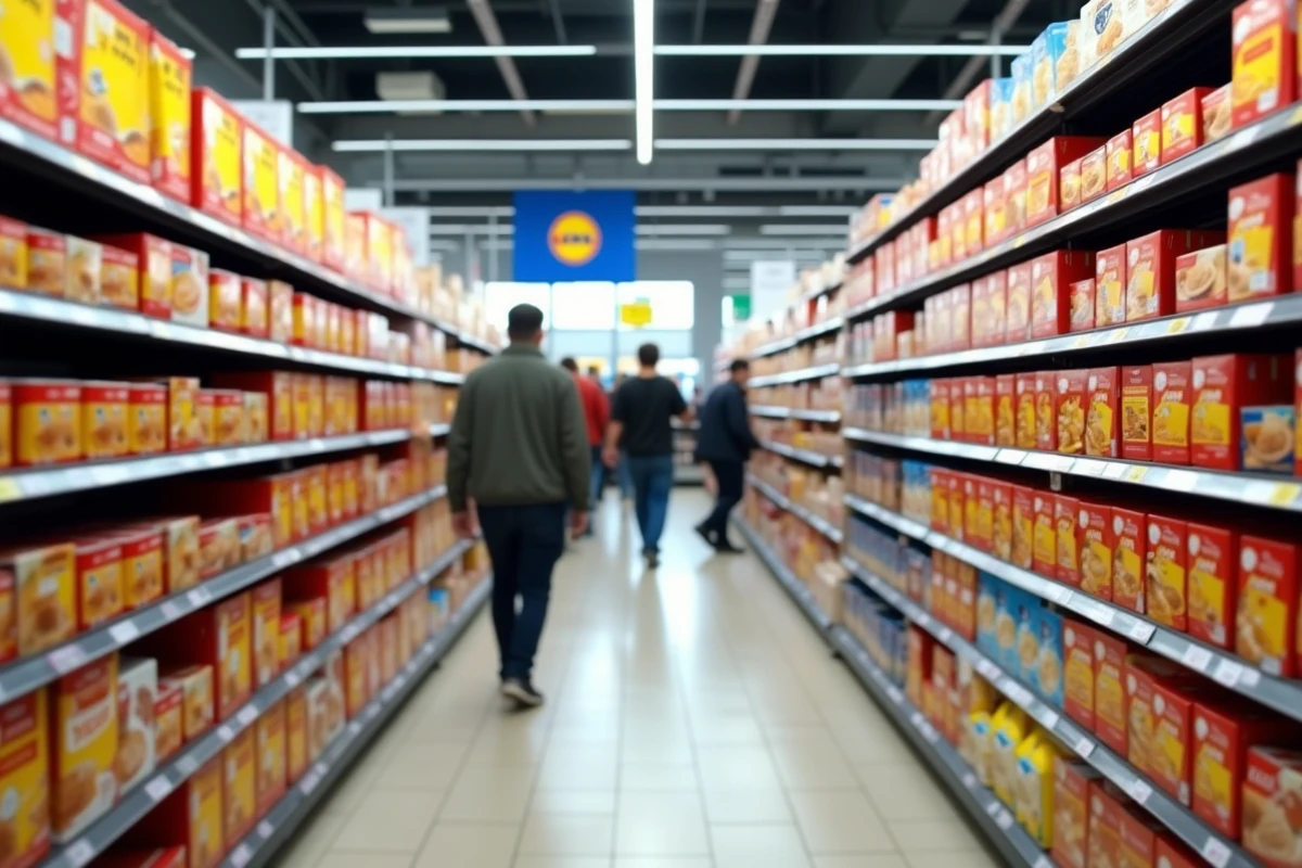 Rayon intérieur de supermarché Lidl avec packaging cohérent reflétant la nouvelle identité visuelle de la marque