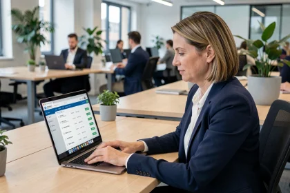 Femme professionnelle recherchant un numéro de SIRET d'entreprise sur un ordinateur portable au bureau