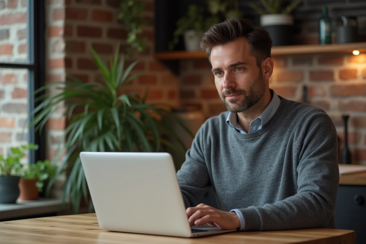 Homme consultant le registre officiel des entreprises en ligne sur un ordinateur portable depuis son domicile