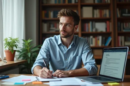 Un homme d'une quarantaine d'années prépare sa reconversion professionnelle à son bureau à domicile, entouré de CV et d'un ordinateur portable ouvert sur un site de formation