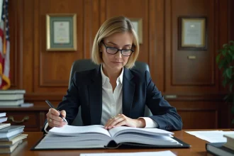 Femme professionnelle examinant des règlements administratifs dans un bureau gouvernemental officiel