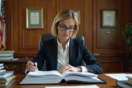Femme professionnelle examinant des règlements administratifs dans un bureau gouvernemental officiel