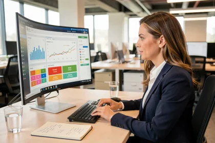 Responsable CRM féminine analysant un tableau de bord client sur grand écran dans un bureau moderne