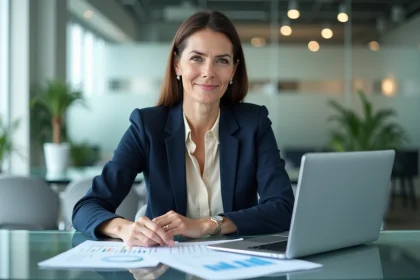 Responsable professionnelle examinant des documents d'externalisation dans un bureau moderne