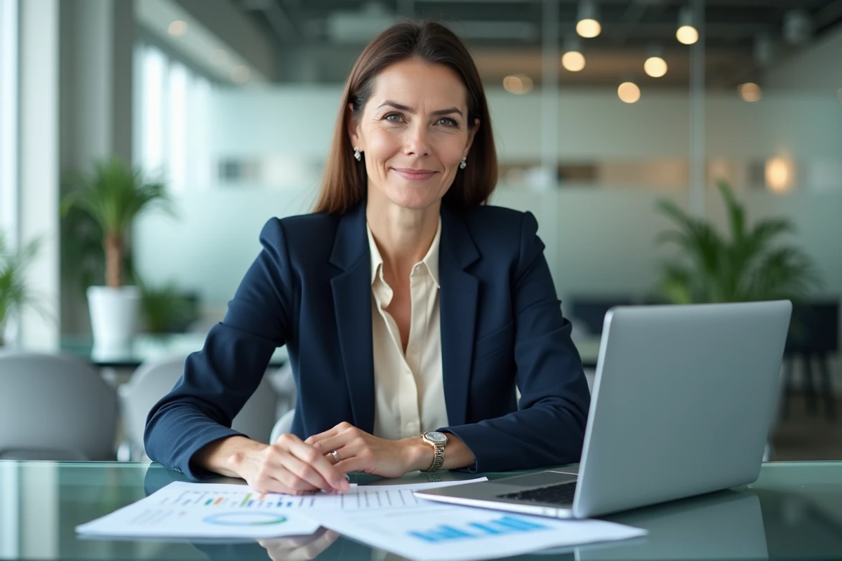 Responsable professionnelle examinant des documents d'externalisation dans un bureau moderne