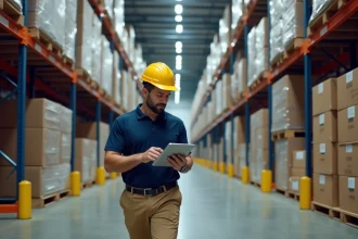 Responsable logistique en entrepôt vérifiant des stocks sur tablette numérique dans un centre de distribution industriel
