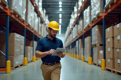Responsable logistique en entrepôt vérifiant des stocks sur tablette numérique dans un centre de distribution industriel