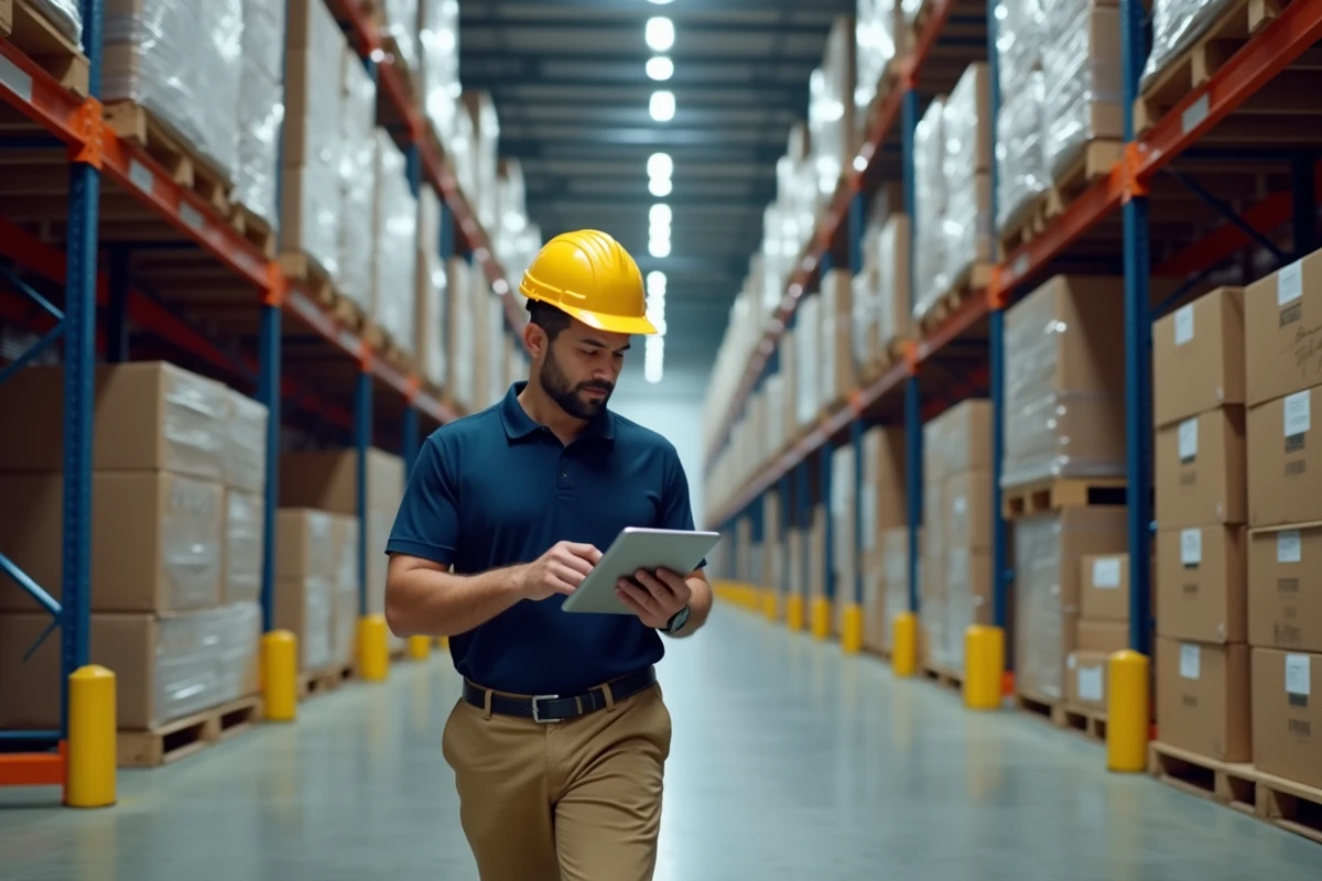 Responsable logistique en entrepôt vérifiant des stocks sur tablette numérique dans un centre de distribution industriel