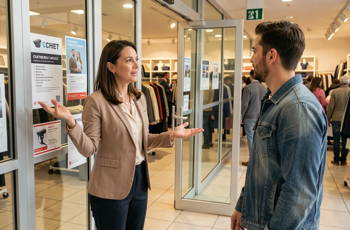 Responsable de magasin expliquant la politique de vidéosurveillance et le droit à l'image à une cliente à l'entrée d'une boutique
