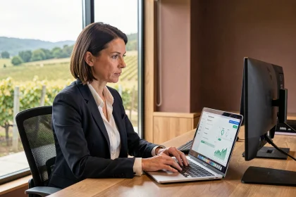 Responsable d'une maison de champagne gérant son compte CIVC sur un ordinateur portable dans un bureau avec vue sur le vignoble