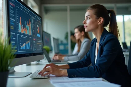 Responsable PME analysant un tableau de bord BI sur écran dans un bureau moderne, avec un plan de connexion BI imprimé