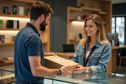 Employé de magasin remettant un colis à une cliente souriante dans une boutique de téléphonie moderne