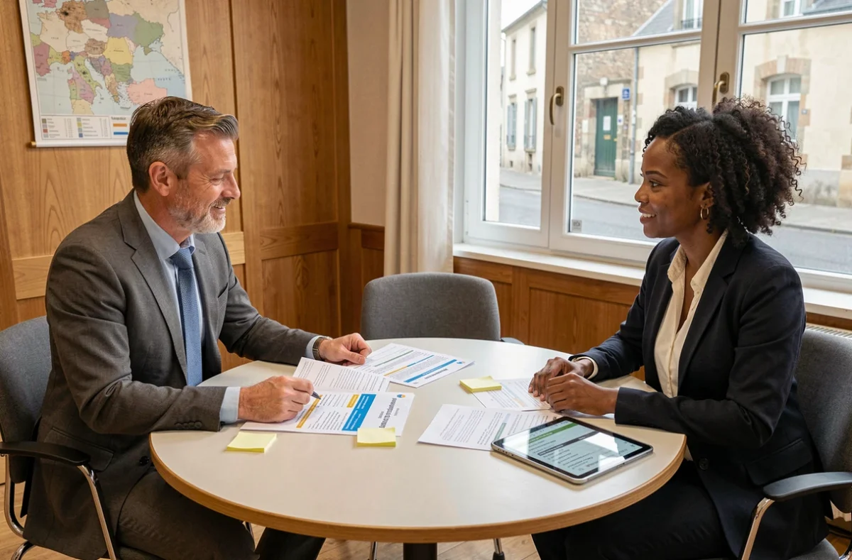 Deux entrepreneurs étudiant un guide des aides régionales françaises lors d'une réunion dans une chambre de commerce en province