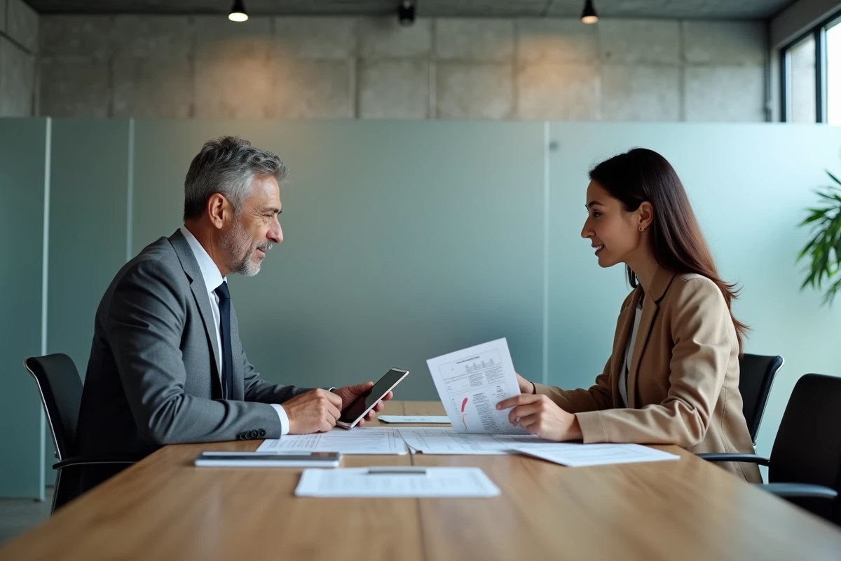 Réunion entre un conseiller et un entrepreneur pour définir une stratégie de protection de marque et de brevet pour une PME