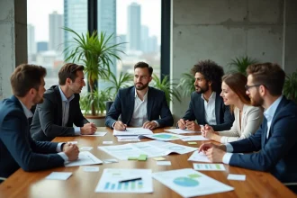 Groupe de professionnels en réunion autour d'une table discutant de responsabilité sociétale des entreprises et des piliers de la norme ISO 26000